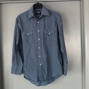 WRANGLER long sleeves Mens 15.5 - 34 Blue Check Pearl Snap Western Cowboy Shirt